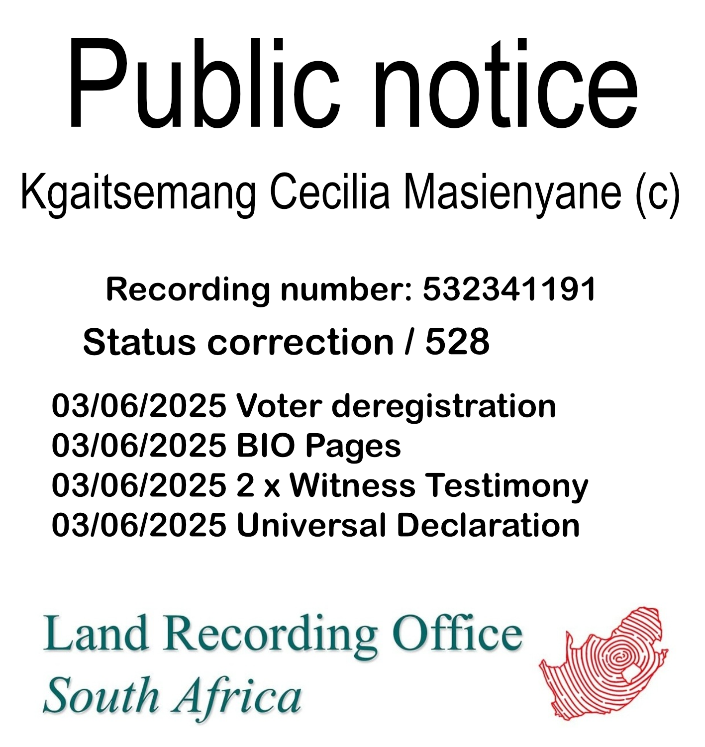 Public notice Kgaitsemang Cecilia Masienyane (c) Recording number 532341191